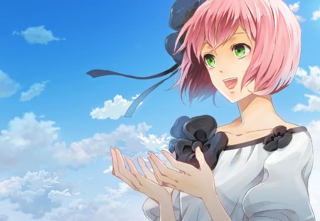 Blue Sky - sky, girl, female, sundress, pink hair, anime girl, green eyes, cloud, anime, ribbon, smile, cute, short hair, dress, happy