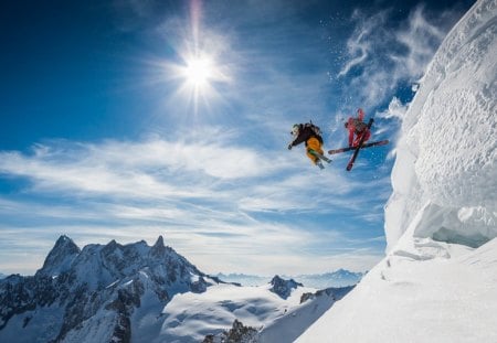 Jumping - sports, jumping, sun, snow, skiing