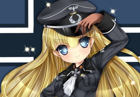 Lil' Officer - nice, beauty, female, hat, anime girl, elegant, black, gorgeous, pretty, blonde hair, dark, anime, cute, girl, blue eyes, long hair, lovely, sublime, beautiful, sweet, uniform, blonde