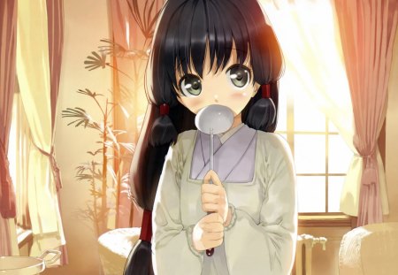 Mama little helper - brown eyes, female, girl, room, long hair, anime girl, black hair, window, anime, sweet, house, cute