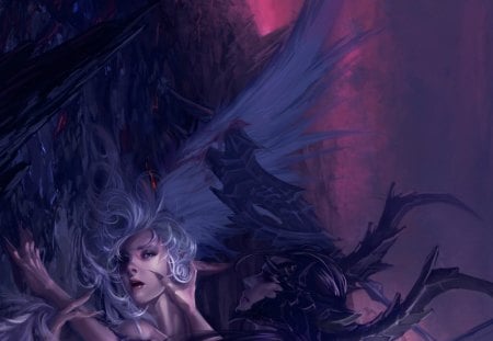 Defeat of the good angel - woman, beauty, angel, wings, fantasy, black, white, purple, art, game, feather, defeat, girl, warrior, good, blood, world, violet, fight, hell, war, pink