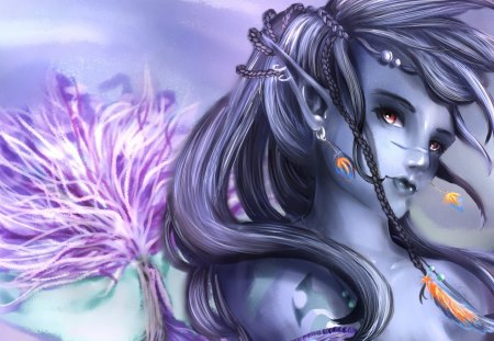 Beautiful Elf Princess - flower, purple, pink, beauty, elf, girl, eyes, blue, art, big, fantasy, ears, tattoo, orange, princess, woman