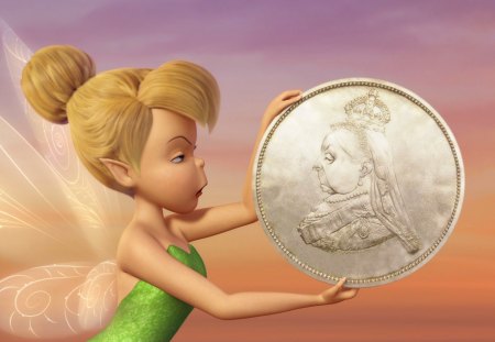 Similarity - wings, funny, similarity, coin, purple, queen, silver, blonde hair, yellow, pink, disney, green, fairy, cute, tinker bell