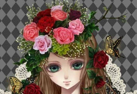 Anime girl - beauty, girl, blue eyes, rose, butterfly, blonde hair, red, anime, flower, manga