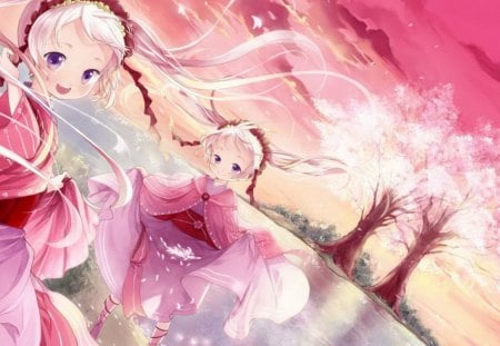 Anime - girl, pink, anime, water, tree, cute, dress, manga