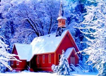 Winter cabin - pretty, cabin, snow, forest, mountain, calmness, red, frost, hidden, nice, cottage, house, trees, winter, beautiful, snowy, lovely, frozen, white, nature, cold, serenity