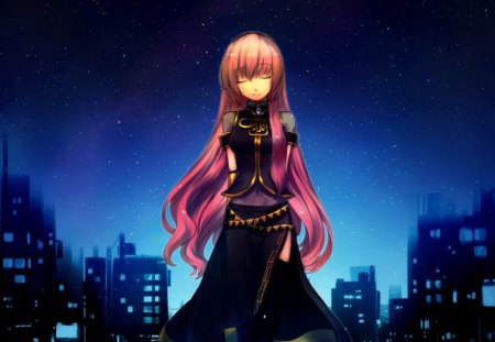 Night Luka - big breasts, girl, music, night, long hair, pink hair, town, vocaloid, megurine luka, cute