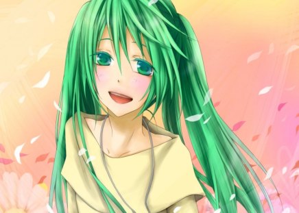 Hatsune Miku - Blush, Cute, Vocaloid, Sweet, Music, Green Hair, Hatsune Miku, Green Eyes, Girl, Long Hair, Wind, Sakura Petals