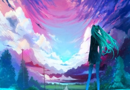 Miku - Cute, Vocaloid, Light, Beautiful, Music, Green Hair, Hatsune Miku, Pink Sky, Blue Sky, Girl, Long Hair, Purple Sky