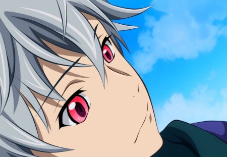 Aru Akise Up Close - cute, short hair, aru akise, blue sky, anime, mirai nikki, pink eyes, sliver hair, up close, boy