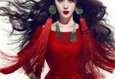 red - jewelr, red, long hair, fashion, brunette, model, dress