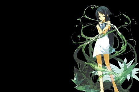 Alittle Lonely - Cute, Nature, Black, Dress, Anime, Hair, White, Girl, Green