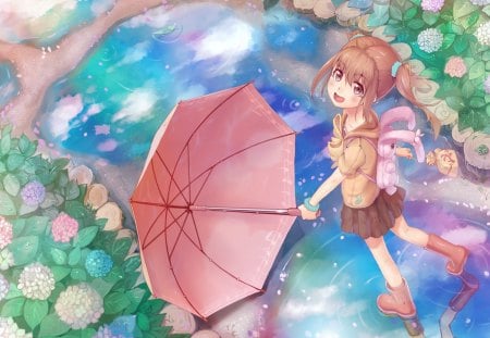 â€kawaiiâ€ - girl, umbrella, river, anime, flowers, manga