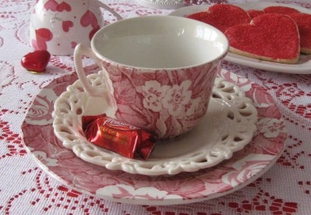 Happy Valentine Day - red heart, chocolate, romance, happy valentine day, cake, love, cup