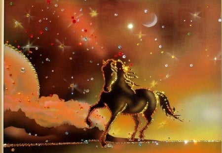 Golden Horse - moon, stars, horse, running, fantasy, gold