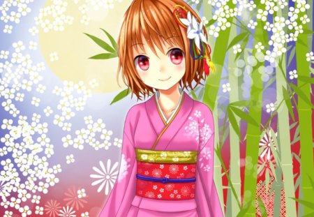 Bamboo - anime, female, blossom, bamboo, short hair, moon, anime girl, girl, kimono, brown hair, flower, petals, yukata, red eyes, bloom, cute, floral