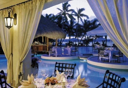 Romantic Evening - beautiful table setting, romantic, evening, nice view, dinner, blue sea, lights, palm trees, lamps