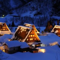 Cabins at winter night