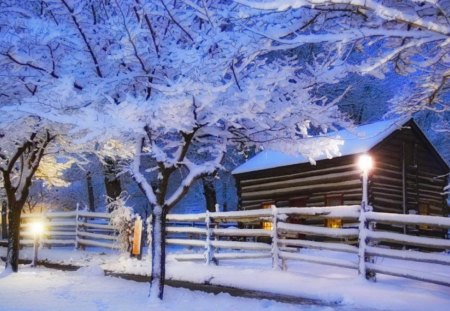 Pioneer cabin - cabin, snow, forest, holiday, frost, nice, cottage, house, trees, winter, beautiful, snowy, lovely, fence, icy, ice, frozen, nature, lights, cold