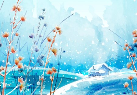 Winter Wonderland Cottage - cottage, sky, watercolor, winter, paint, art, warm, snow, clouds, house, snowing, cabin, thistle