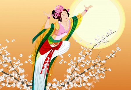 Spring - woman, gisha, bloom, sun, japanese, spring, art, yellow, orange, tree, luna, kimono, moon, vector, girl, asian, pink, red, chinese, flower