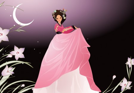 Beauty under the moon - moon, woman, vector, girl, night, japanese, asian, geisha, art, purple, pink, luna, kimono, flower