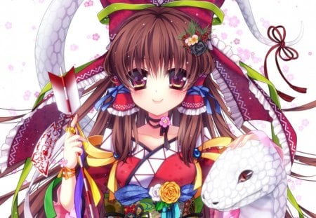 Welcome Year of Snake - anime, kawaii, female, snake, blossom, shrine maiden, adore, long hair, bell, happy, touhou, ribbon, reimu, hakurei reimu, brown eyes, anime girl, girl, brown hair, flower, petals, arrow, bloom, smile, reptile, talisman, cute, adorable, floral