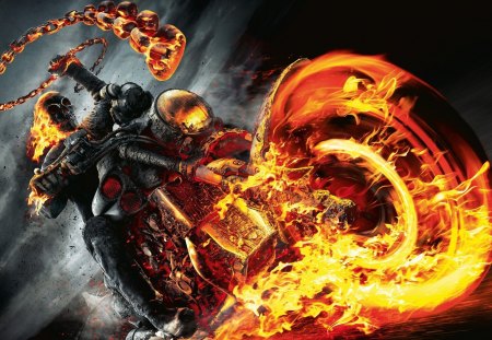 Ghost Rider - clouds, motorcycle, ghost, rider, headlights, flame, entertainment, night, wipe, wheels, nature, skeleton, movies, face