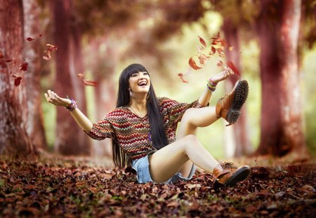 Autumn Serenade - woman, serenademleaves, autumn, girl, smile