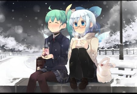 Daiyousei & Cirno (winter) - sitting, girls, glasses, daiyousei, drinking, wings, bun, seifuku, touhou, fairies, ribbon, ice fairy, cute, baka, winter, bag, original resolution, school uniform, blue hair, eating, snow, green hair, cirno