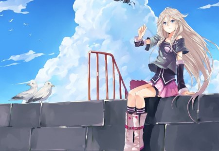 anime girls - girls, anime, pigeon, sky