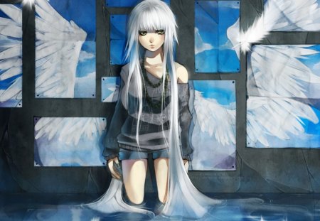 Lonely Angel - Long hair, Blue, Angel, Cant think of a fourth