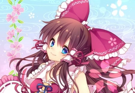 Reimu - female, anime girl, brown hair, touhou, anime, reimu, ribbon, cute, girl, blue eyes, shrine maiden, long hair, hakurei reimu, kawaii, abstract, floral, pink, blossom, sweet, flower, dress