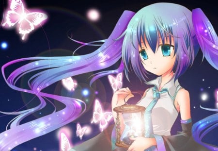 Hatsune Miku - female, wings, hourglass, aqua hair, anime girl, black, fantasy, dark, lantern, anime, miku, cute, hatsune miku, girl, twintails, blue eyes, light, long hair, vocaloids, blue hair, butterfly, kawaii, twin tails, vocaloid, wing, adore