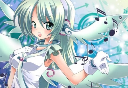 Angelic Miku - female, hot, superstar, wings, singer, anime girl, fantasy, music notes, idol, anime, miku, lonh hair, cute, hatsune miku, sexy, melody, girl, notes, vocaloids, abstract, green eyes, kawaii, vocaloid, wing, diva, green hair