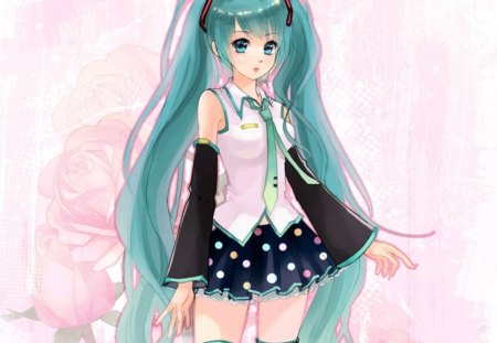 Sweet Miku - pretty, roses, anime, vocaloid, kawaii, female, blossom, dress, hatsune miku, green hair, lonh hair, oses, nice, twin tails, anime girl, green eye, skirt, twintails, beautiful, girl, beauty, lovely, sweet, flower, petals, blouse, miku, rose, cute, floral, vocaloids