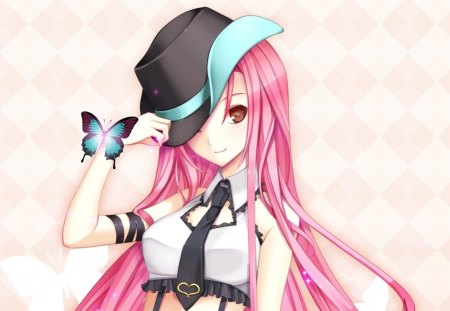 Pretty Pink - nice, neck tie, beauty, necktie, female, hot, hat, wings, anime girl, elegant, red eyes, gorgeous, pretty, anime, cute, sexy, girl, pink hair, long hair, lovely, butterfly, kawaii, sublime, wing, beautiful, tie, sweet