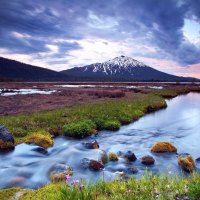 colorful mountain river sunset