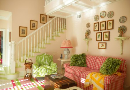 Cozy Living Room - yellow, fresh style, beautiful, simple, cozy, pink, sweet, home, red, green, bright, living room