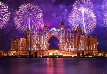 Fireworks over the hotel atlantis - fire, over, atlantis, works