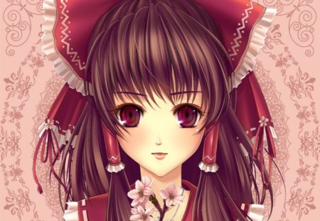 Hakurei Reimu - anime, female, blossom, shrine maiden, lonh hair, touhou, ribbon, reimu, hakurei reimu, abstract, anime girl, sakura, cherry blossom, girl, sakura blossom, brown hair, flower, petals, red eyes, bloom, cute, floral