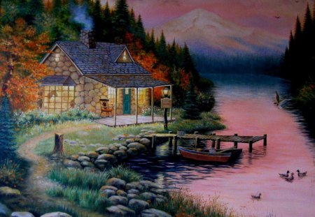 Painting - side, painting, lake, house, country