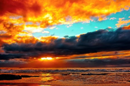 STORMY SUNSET - stormy, sky, clouds, sunset, ocean