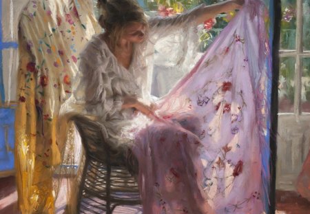 Painting - cloth, women, painting, windows, girl, room