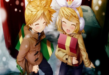 Time For Gifts!!!! :) - girl, kagamine rin, music, blonde hair, boy, vocaloid, snow, blush, smile, gifts, kagamine len, cute, short hair, happy