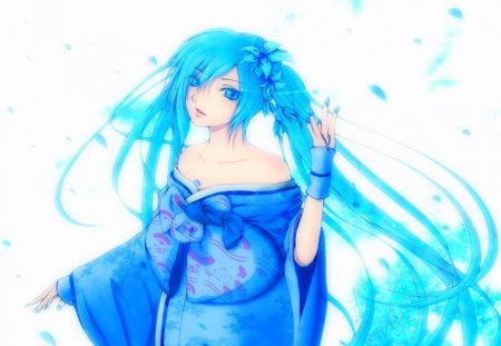 Miku In Kimono - hatsune miku, girl, blue eyes, music, long hair, white, blue kimono, blue hair, vocaloid, sweet, kimono, cute