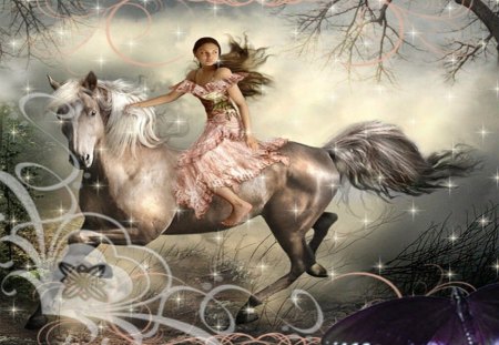 Pretty woman ride - pretty, woman, mist, ride, forest, beautiful horse