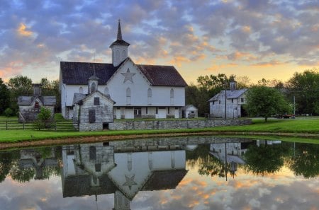 reflection of a lovely country church - pond, town, church, reflection