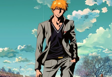 Kurosaki Ichigo - orange hair, cool, short hair, kurosaki ichigo, blue sky, anime, bleach, school uniform, brown eyes, boy