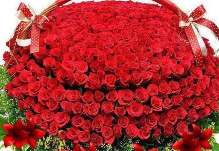 Basket of roses - beauty, roses, gift, soft, tenderness, basket, bouquet, red, petals, beautiful, leaves, green, red roses